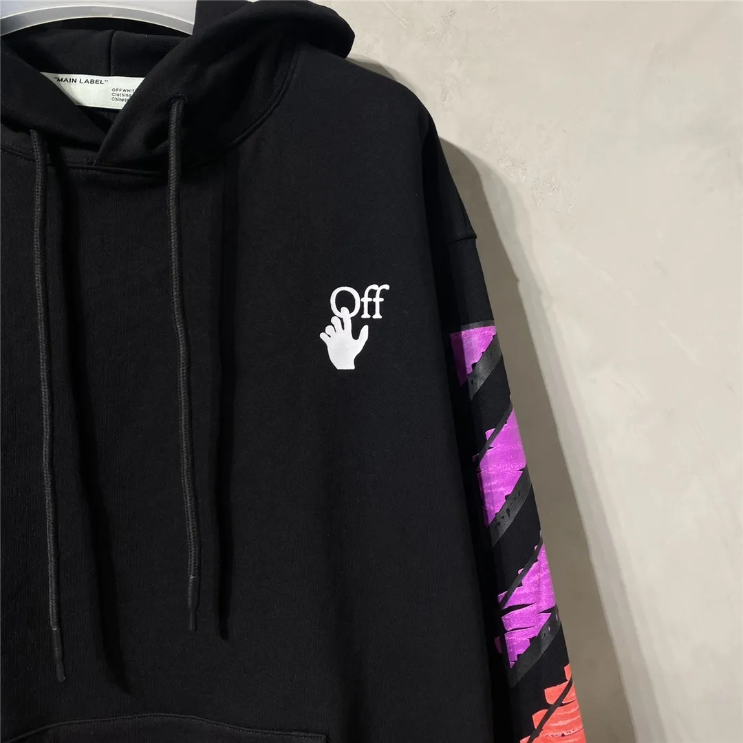 The top tested version OFFWHITE OW marker pen purple orange graffiti arrow same style pure cotton loose pullover round neck zipper jacket sweatshirt for male and female couples The craftsmanship of this model can be said to be very difficult. There is a direct comparison between our home and many versions on the market. You can more clearly distinguish between good and bad just by looking at the prints. This printing uses Kornit's digital direct-injection process. The entire printing effect is like drawing lines with a marker pen. The imitation effect can achieve the same visual effect as the real thing. The main reason is that the color transition of this printing is too small, which makes it impossible to directly copy the pattern when scanning. The image must be manually enlarged more than 40 times, and then adjusted bit by bit to add a soft color (white) effect. The fabric is made of 480g large fish scale pure cotton terry dyed in a vat, which is a big launch and has a full drape. Full set of customized accessories, washed, labeled. Guaranteed to be the top product on the market.  Color: Black Size: XS-L Size Chart